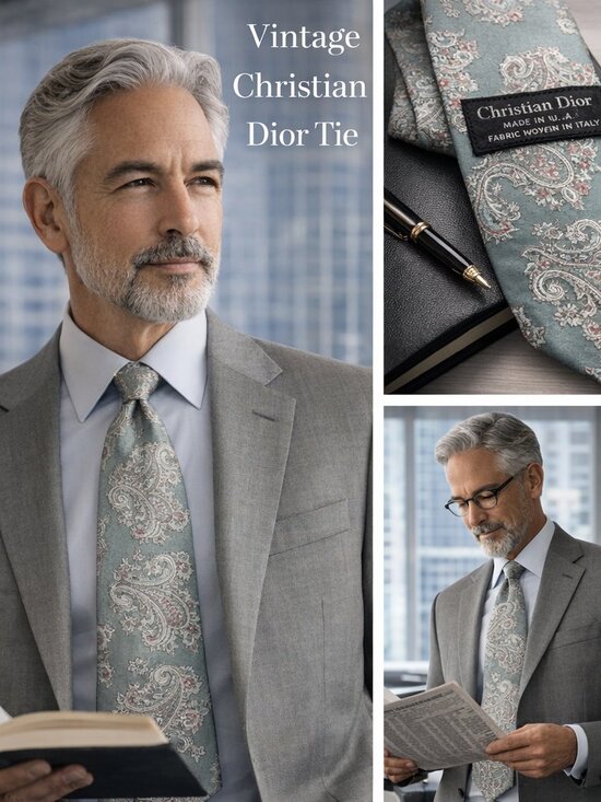 Vintage Christian Dior Silk Tie Made in USA Fabric Woven in Italy Sage Paisley - Picture 3 of 7